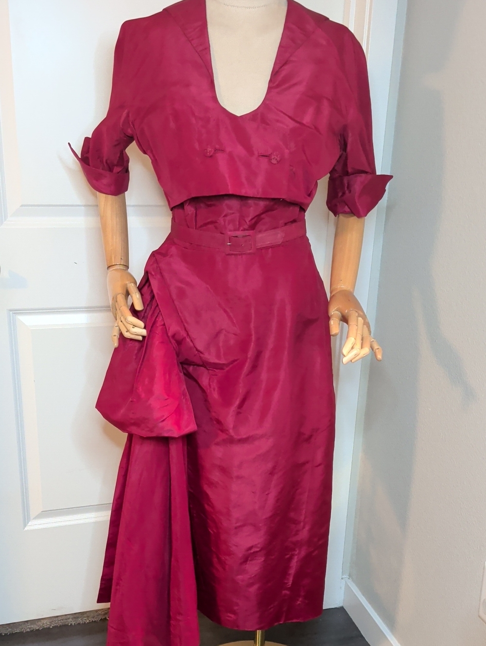 Vintage 60s Bullocks Formal Dress & Jacket Ruby Red Beaded w/ Bustle SZ S MCM